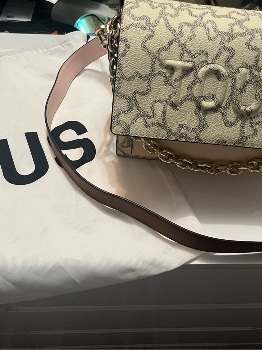 Taupe TOUS Patterned Chain Shoulder Bag with Pink Strap